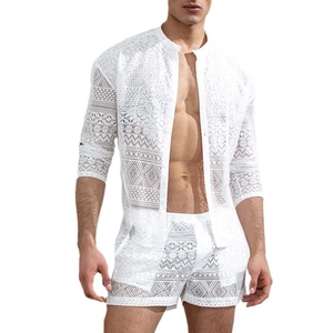 Heren Kant Opengewerkt Opstaande Kraag Lange Mouw Overhemd En Shorts Vakantie Strand Kleding Mode Heren Kleding