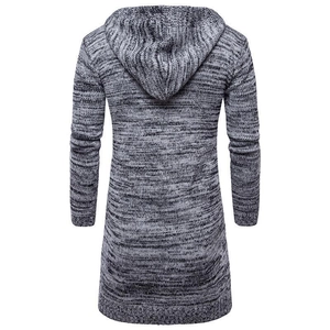 Men's hooded knit cardigan sweater in marled grey color with long sleeves and ribbed cuffs