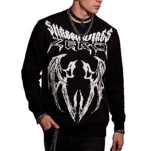 Men's gothic black knitted sweater with white demon wings and artistic lettering