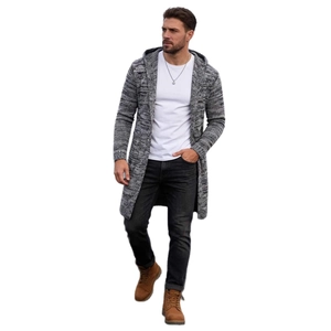 Men's hooded knit cardigan in grey marl fabric with a casual longline fit
