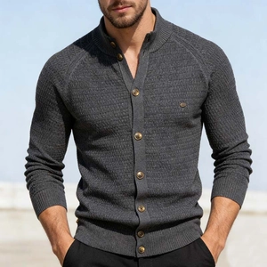 Men's dark grey waffle knit cardigan sweater with stand collar and metal buttons