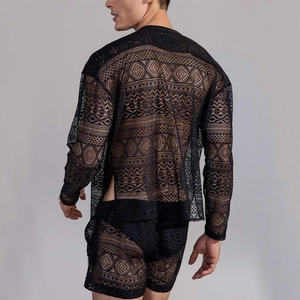 Heren tweedelige zwarte kanten set met shirt met lange mouwen en korte broek in geometrisch gaas