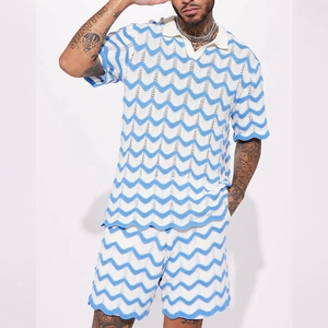 Ensemble d'été en maille pour hommes avec polo à motif vagues et short assorti