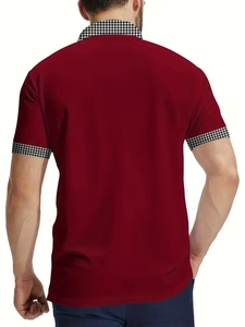 Rear view of men's polo shirt in burgundy with houndstooth collar and sleeve details