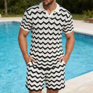 Costume Décontracté Tricoté pour Hommes Motif à Vagues Polo à Manches Courtes et Short Top and Bottom Tenue d'Été