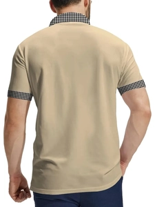 Detail view of khaki men polo shirt featuring a classic black and white houndstooth collar