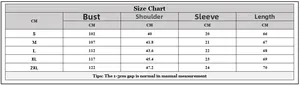 Detailed size chart for men's knit shirt showing chest, shoulder, sleeve and length metrics