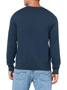 Rear view of men's slim fit navy crew neck knit sweater showing silhouette and fabric