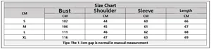 Detailed size chart for men striped knit sweater including bust and shoulder measurements
