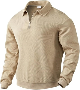 Macro shot of 3D textured geometric twill knit fabric on khaki half-zip polo shirt