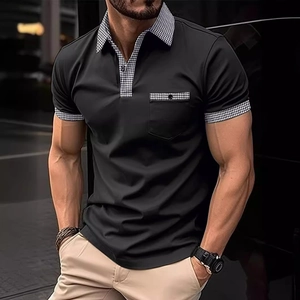Men's slim fit black polo shirt featuring houndstooth pattern details on collar and cuffs