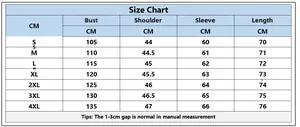 Detailed size chart for men's solid pullover with bust and shoulder measurements
