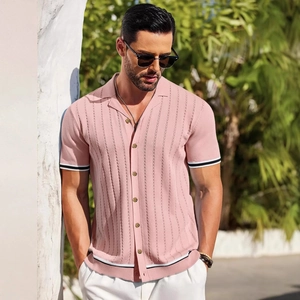 Men Casual Knit Shirt Short Sleeve Breathable Cotton Blend Lapel Collar Button Down Striped Trim Summer Vacation Top For Men