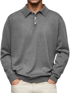Detail of grey men's long sleeve polo shirt showing the collar and buttoned placket