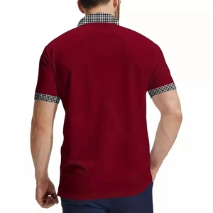Back view of men's burgundy polo shirt with houndstooth collar and cuff trim details