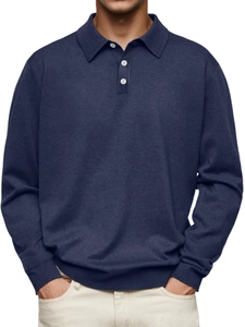 Detailed close-up of navy blue polo sweater showing high-density knit fabric and ribbed cuffs