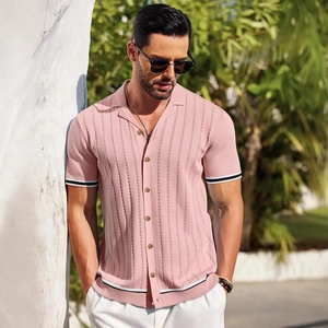 Men's pink knit short sleeve polo shirt with vertical stripes and contrast trim