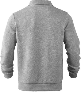 Back view of gray half-zip polo shirt featuring textured diamond knit and ribbed cuffs