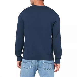 Men's navy blue crew neck sweater in solid color with back view on white background