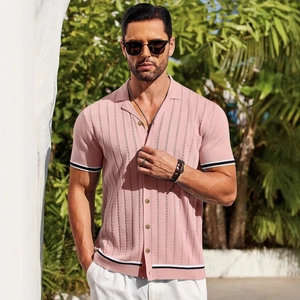 Men's pink knit short sleeve Polo shirt with vertical texture and striped trim