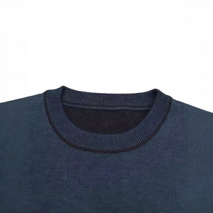 Navy blue crew neck knit sweater for men with detailed ribbed collar and premium stitching