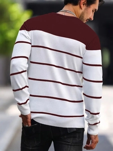 Rear view of striped men's knit sweater featuring burgundy shoulder panel and fine lines