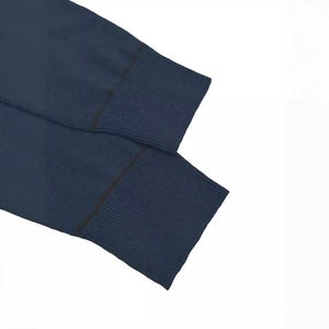 Men's navy blue casual knit sweater with ribbed cuffs and brown striped details