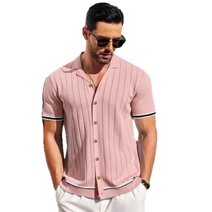 Pink knit men's short sleeve Cuban collar shirt with textured stripes and white edges