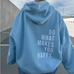 Light blue hoodie featuring DO WHAT MAKES YOU HAPPY print on the back for street style