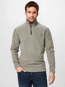 Detail of olive gray men's fleece sweatshirt with half-zip collar and reinforced stitching
