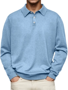 Detail of light blue men's knitted polo shirt with classic three-button placket design
