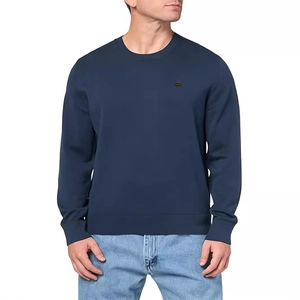 Classic navy blue men's crewneck knit sweater with chest logo and ribbed cuffs