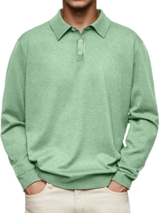 Detail view of light green knitted long sleeve polo shirt with white buttons
