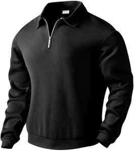 Detail of classic black quarter-zip men sweatshirt with textured geometric knit fabric