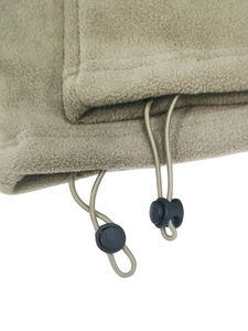 Detail showing the adjustable drawstring hem with a black toggle on a fleece sweatshirt