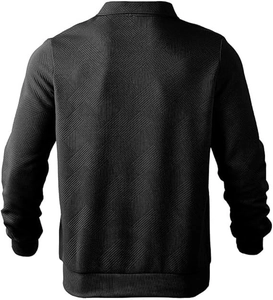 Rear view of black long sleeve polo with geometric jacquard texture and ribbed cuffs