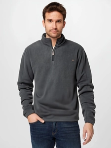 Detail of dark grey fleece sweatshirt featuring a stand collar and metallic half-zip