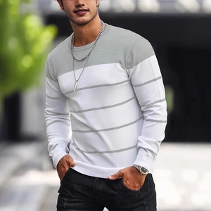 Men Fashion Striped Color Block Knitted Sweater Casual Long Sleeve Round Neck Pullover Slim Fit Autumn Winter Top