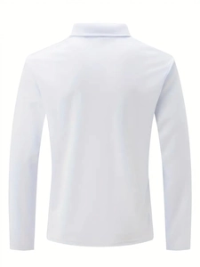 Detail view of the back of a solid white long-sleeve polo shirt with a neat collar design
