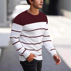 Men's casual long sleeve crewneck sweater with burgundy striped color block design