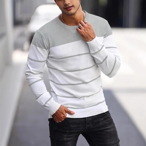 Men's stylish long-sleeve knit sweater with striped grey and white color block design