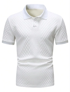 Detail of white men's polo shirt showing textured geometric jacquard weave fabric