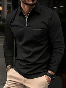 Detail of men's long sleeve black polo shirt with zipper collar and striped pocket