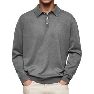Classic dark grey long sleeve men's polo shirt with white buttons and ribbed cuffs