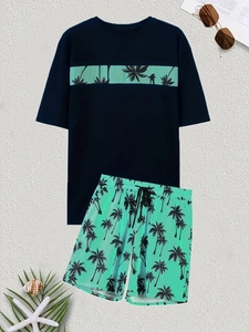 T-shirt homme à imprimé palmier tropical et short à cordon avec accessoires de plage d'été