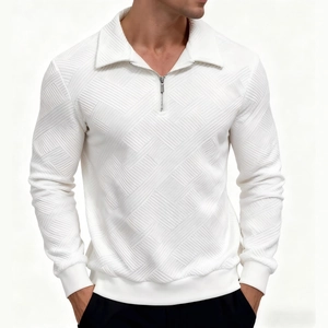 Men's vintage white knit pullover featuring geometric texture and half-zip collar