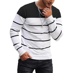 Men's casual long sleeve knit sweater with black and white striped patchwork design