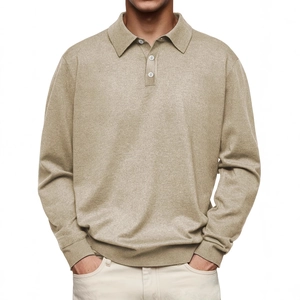 Men's oatmeal knit long-sleeve polo shirt with three-button placket and ribbed cuffs