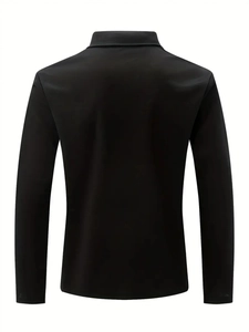 Rear view of black long-sleeve polo shirt featuring a classic collar and ribbed cuffs