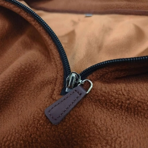 Brown polar fleece sweatshirt with stand collar and durable black half-zipper detail
